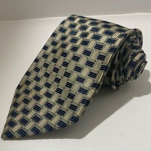 Geoffrey Beene 100% Silk Tie Taupe Navy Geometric Squares Handmade
